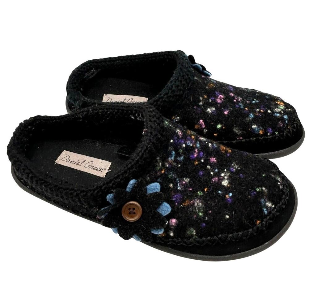 Daniel Green Portia Scuff Black Wool Floral Slip On Shoe SIZE 8 Indoor Outdoor